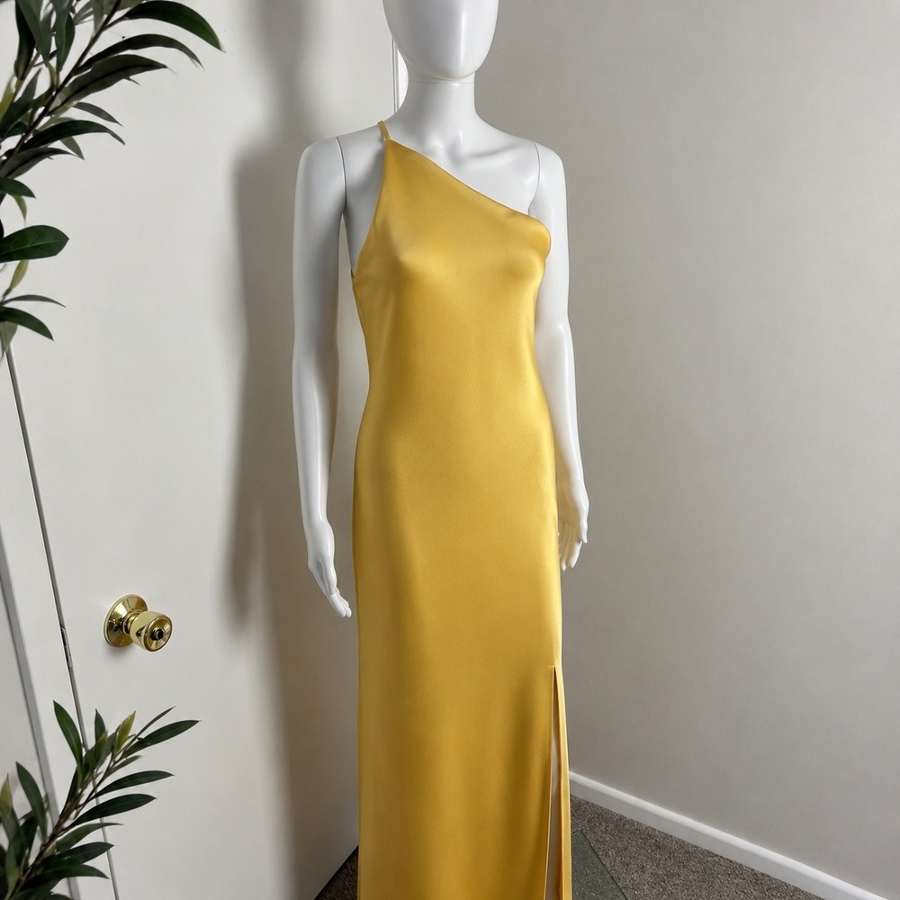 Commense Golden Yellow One Shoulder Satin Backless Maxi Dress with Side Slit S - Picture 9 of 14